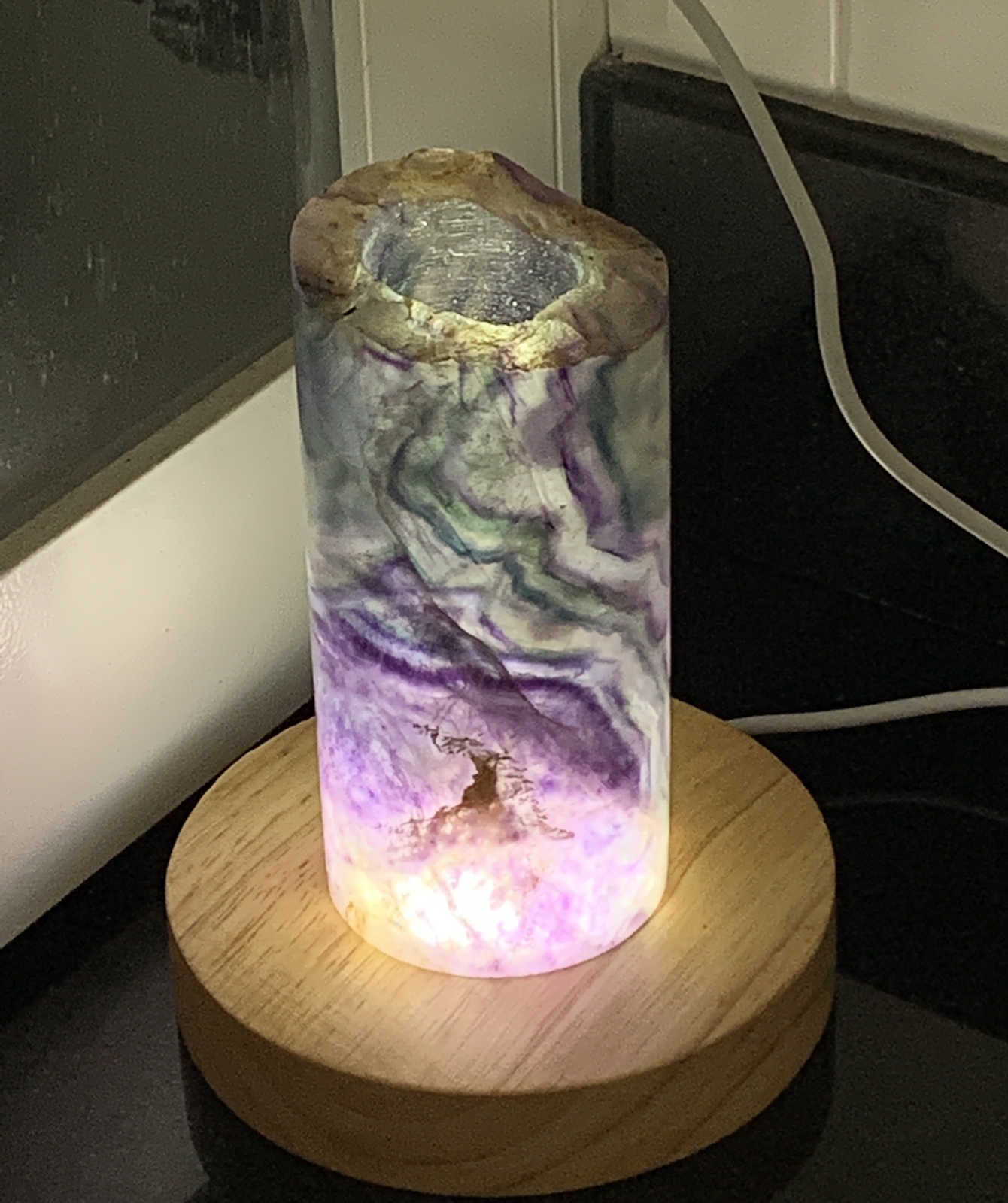 Rainbow Fluorite 4.25” Heavy Hollow Cylinder Night Light With LED Sphere Stand
