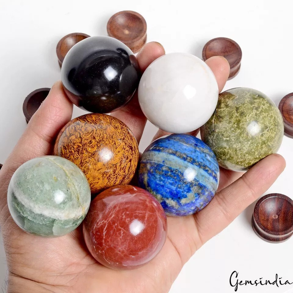 4880 Ct 7 Pcs Set Of Multigems Crystal Sphere Ball Polished Healing w/ Stand