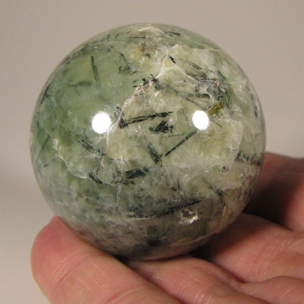 2.1″ Green PREHNITE w/ TOURMALINE, EPIDOTE Sphere w/ Stand – Australia – 53mm