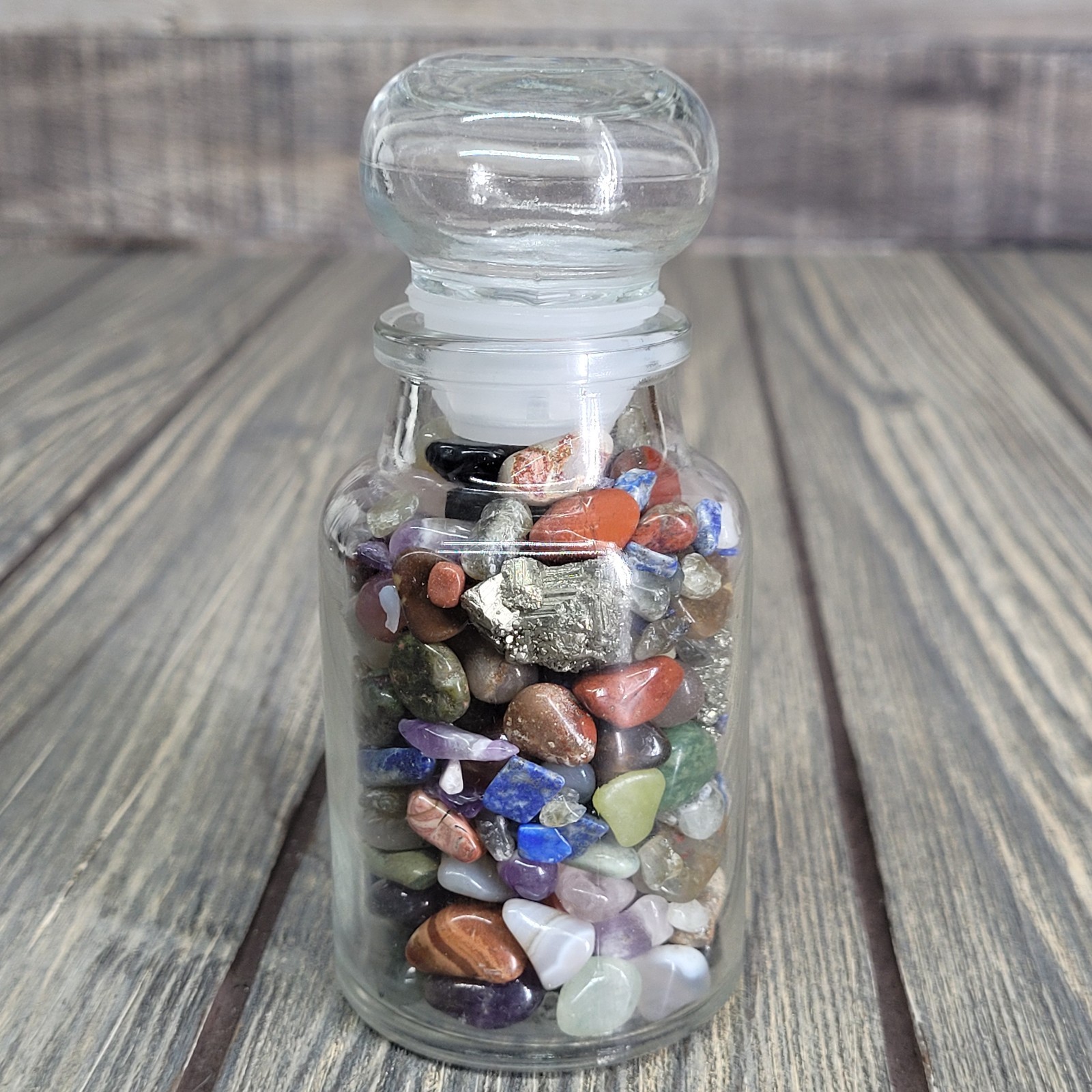 6oz Mixed Crystal Tumbles in Vintage Apothecary Crabtree & Evelyn Glass Jar EUC