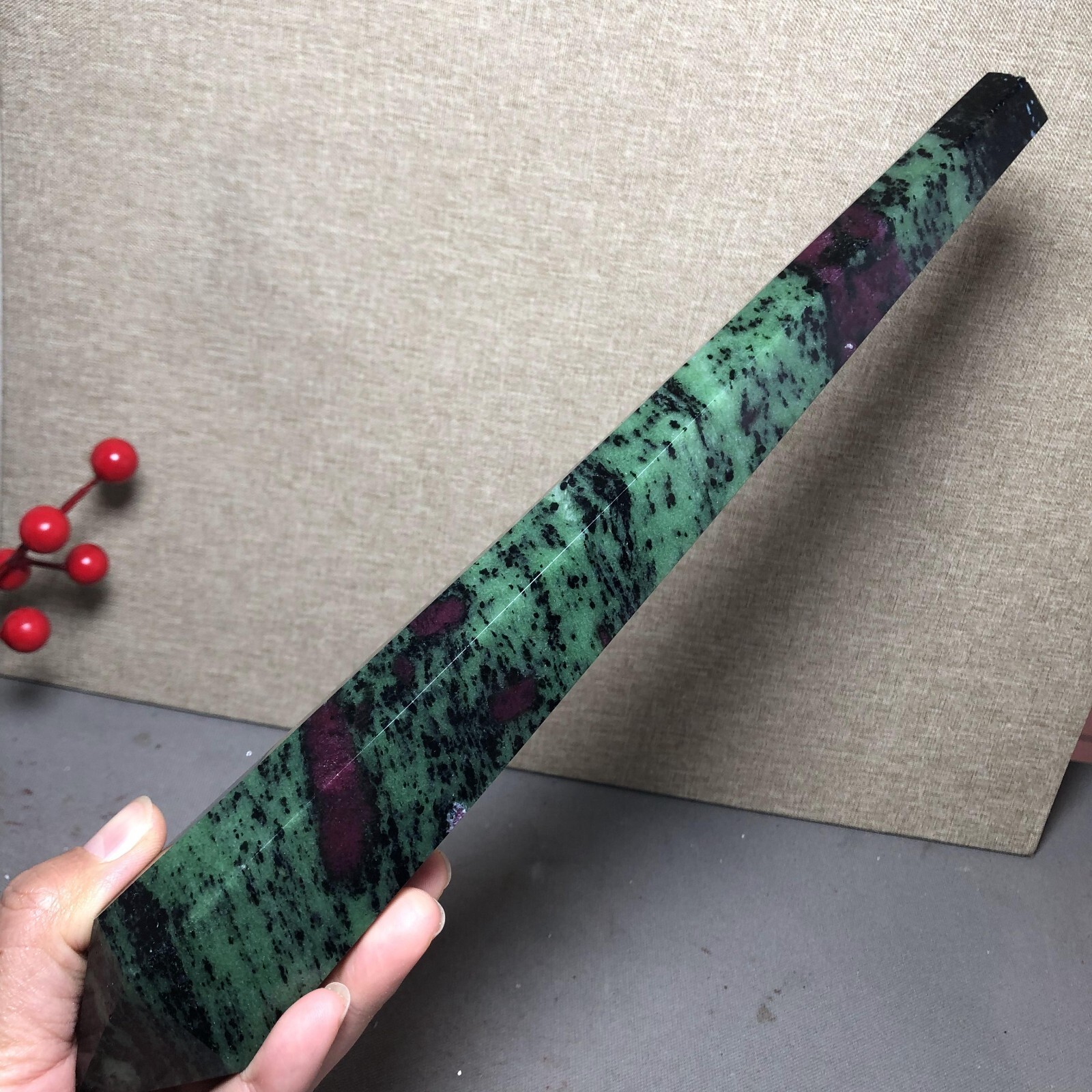 295mm Long Natural red green epidote wand Obelisk Crystal specimens 716g A4537