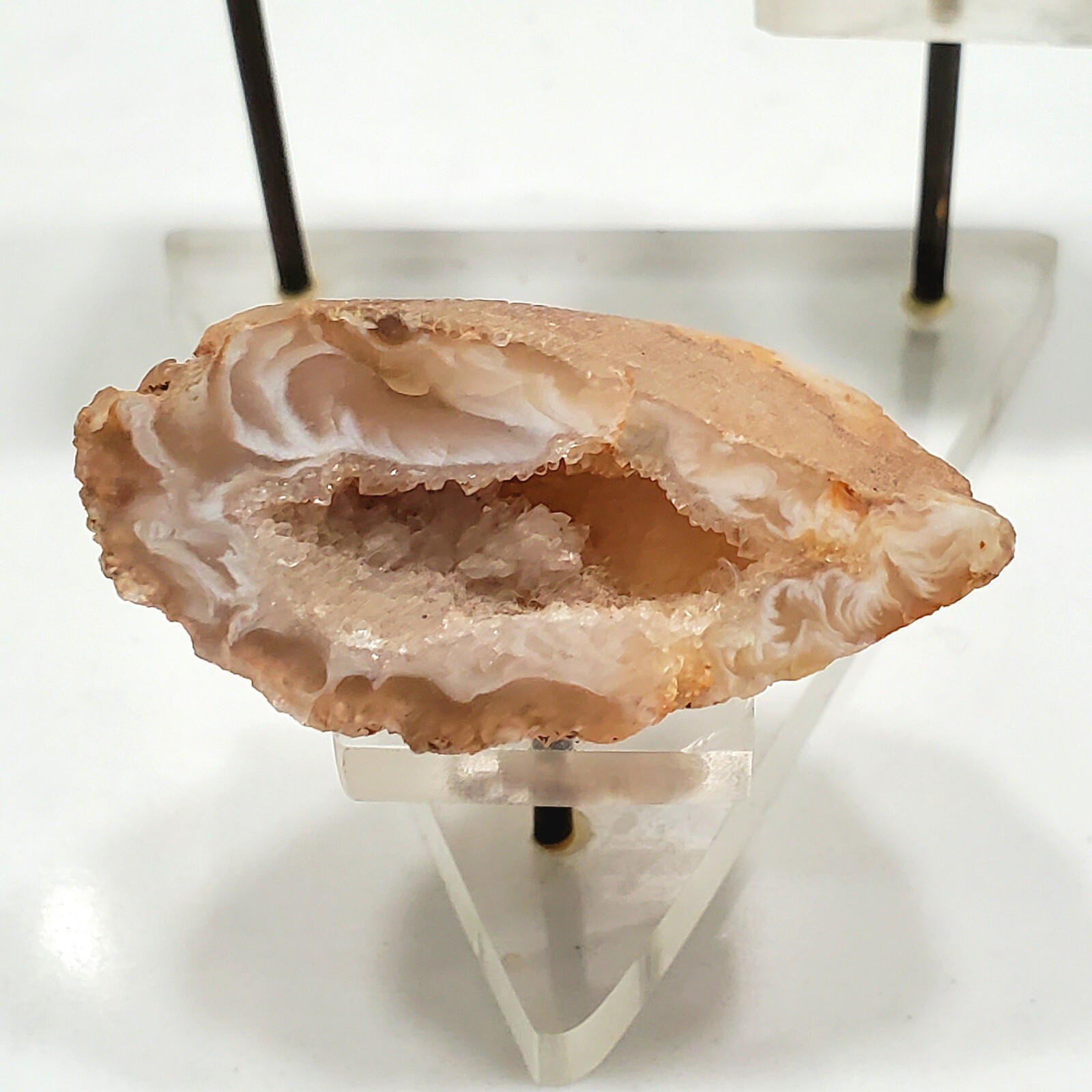 Set of 3 Natural Agate Geodes Displayed & set on a Triangular Lucite Stand