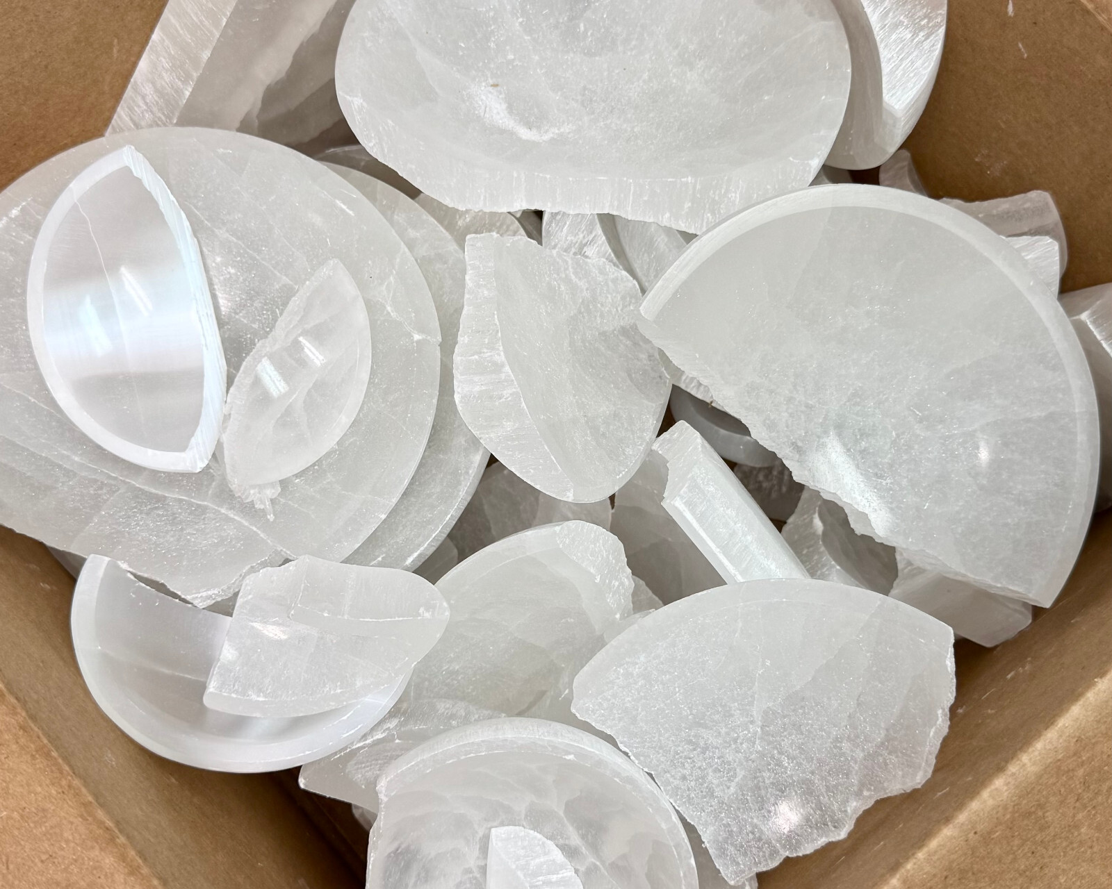 Broken Selenite Bowls Box – CLEARANCE Assorted Selenite Crystal Bowls & Pieces