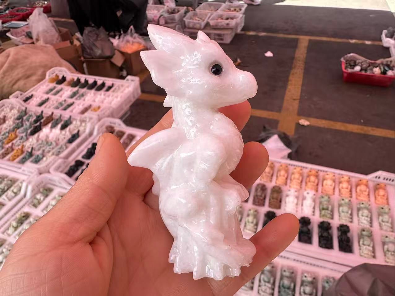 1pc Natural White Jade Quartz Carved Little Dragon Crystal Reiki Healing Decor