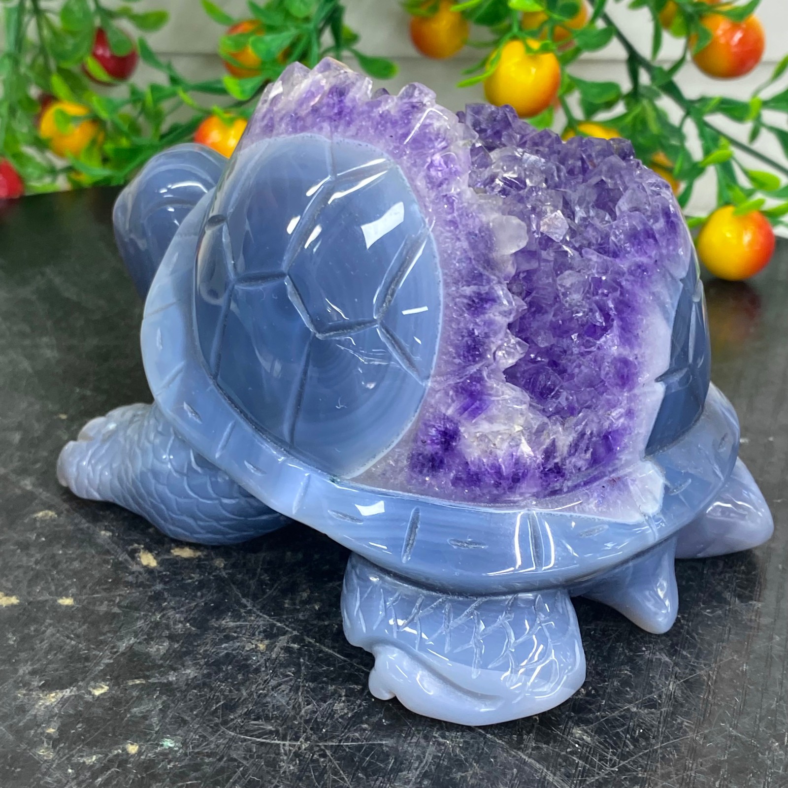 2.51LB Natural amethyst agate turtle Crystal turtle carving healing Home decora