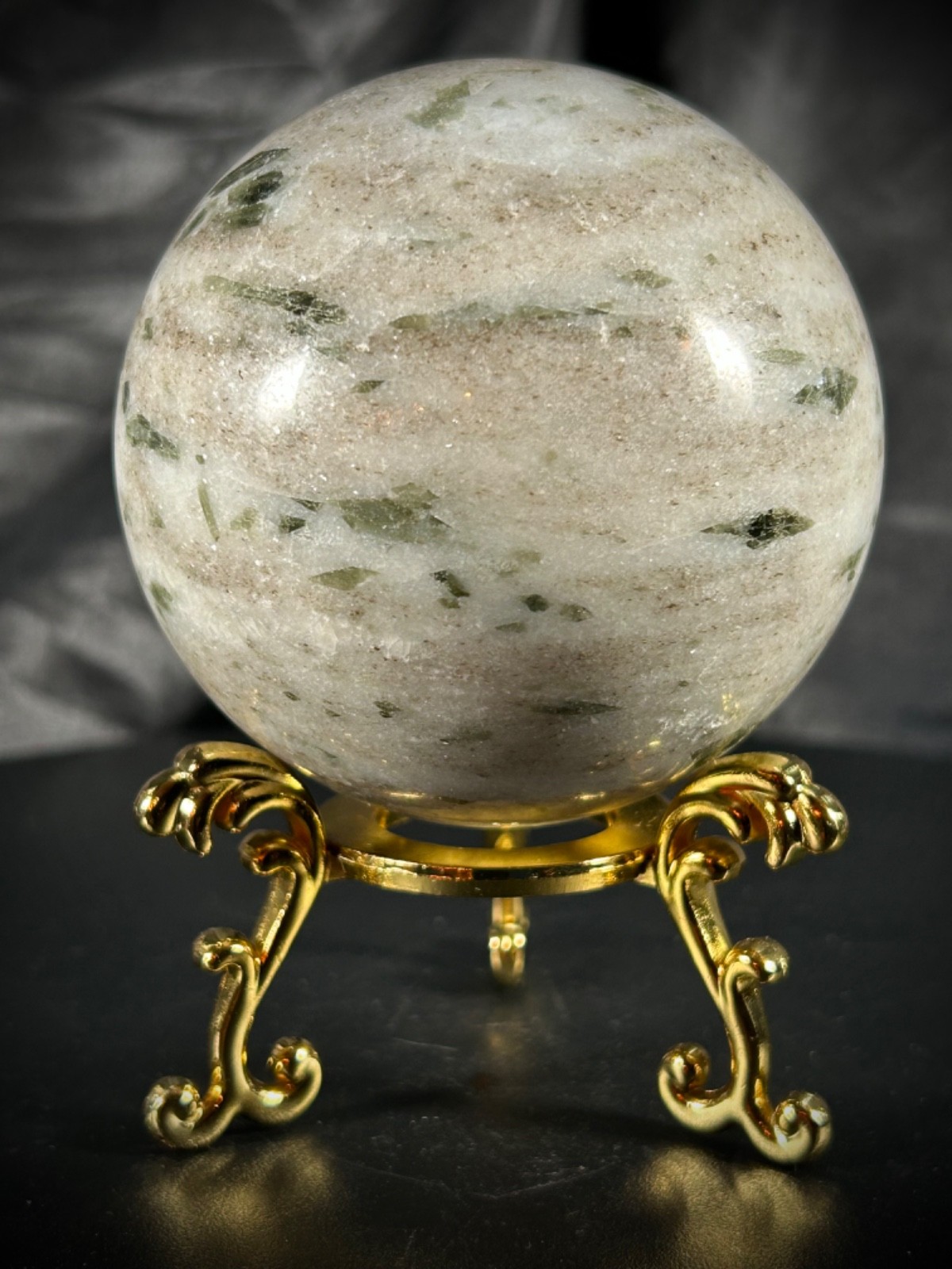 3″ Green Tourmaline In Quartz Sphere With Metal Stand 1lb 7.4oz (662 grams)