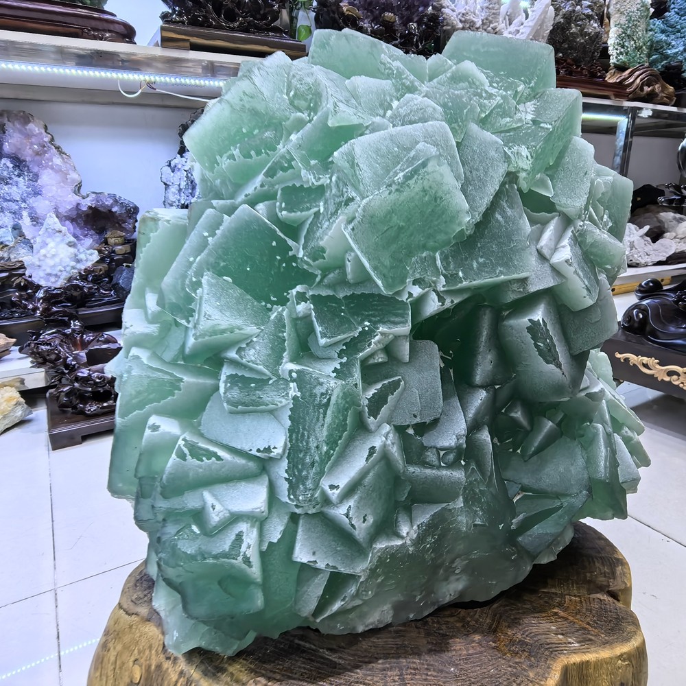 110LB Top Natural Green Fluorite Quartz Cluster Crystal Mineral Specimen + stand