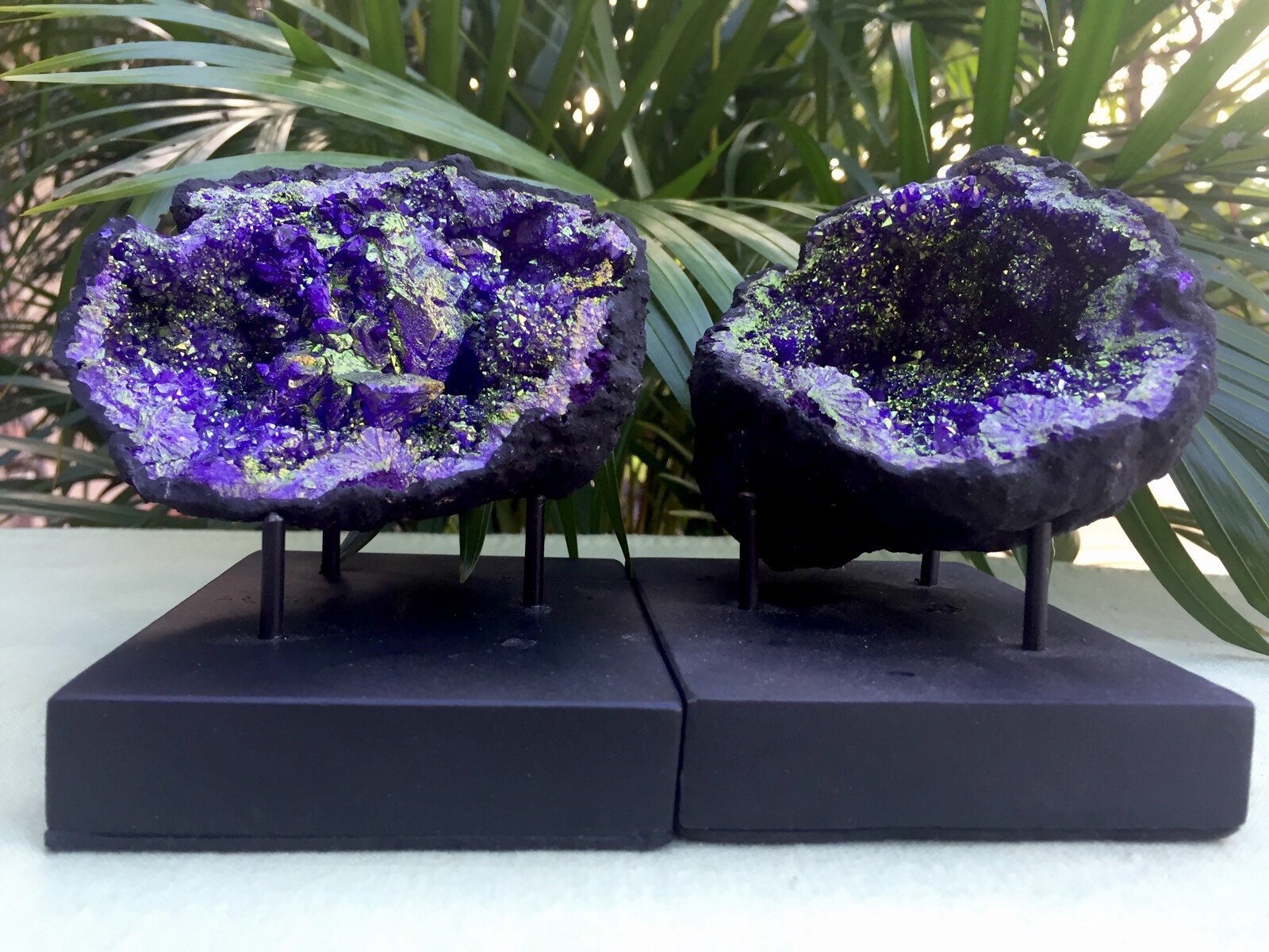 Large Purple Geode Pair W/Stands Crystal Geode Quartz Moroccan Geode Half Open.