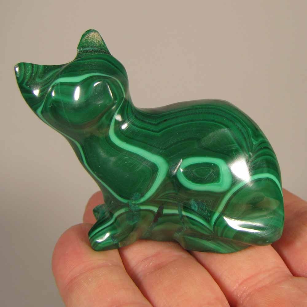 2.4″ Handcarved MALACHITE CAT Gemstone Animal Carving – Congo, Africa
