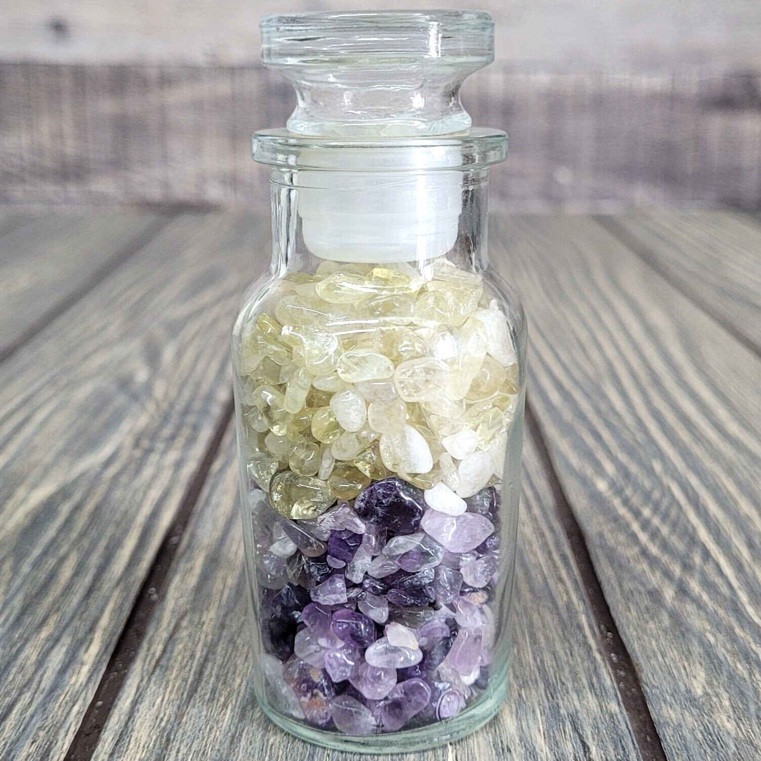 Amethyst & Citrine 4oz Vintage Apothecary Glass Jar of Crystal Tumbles Wagner