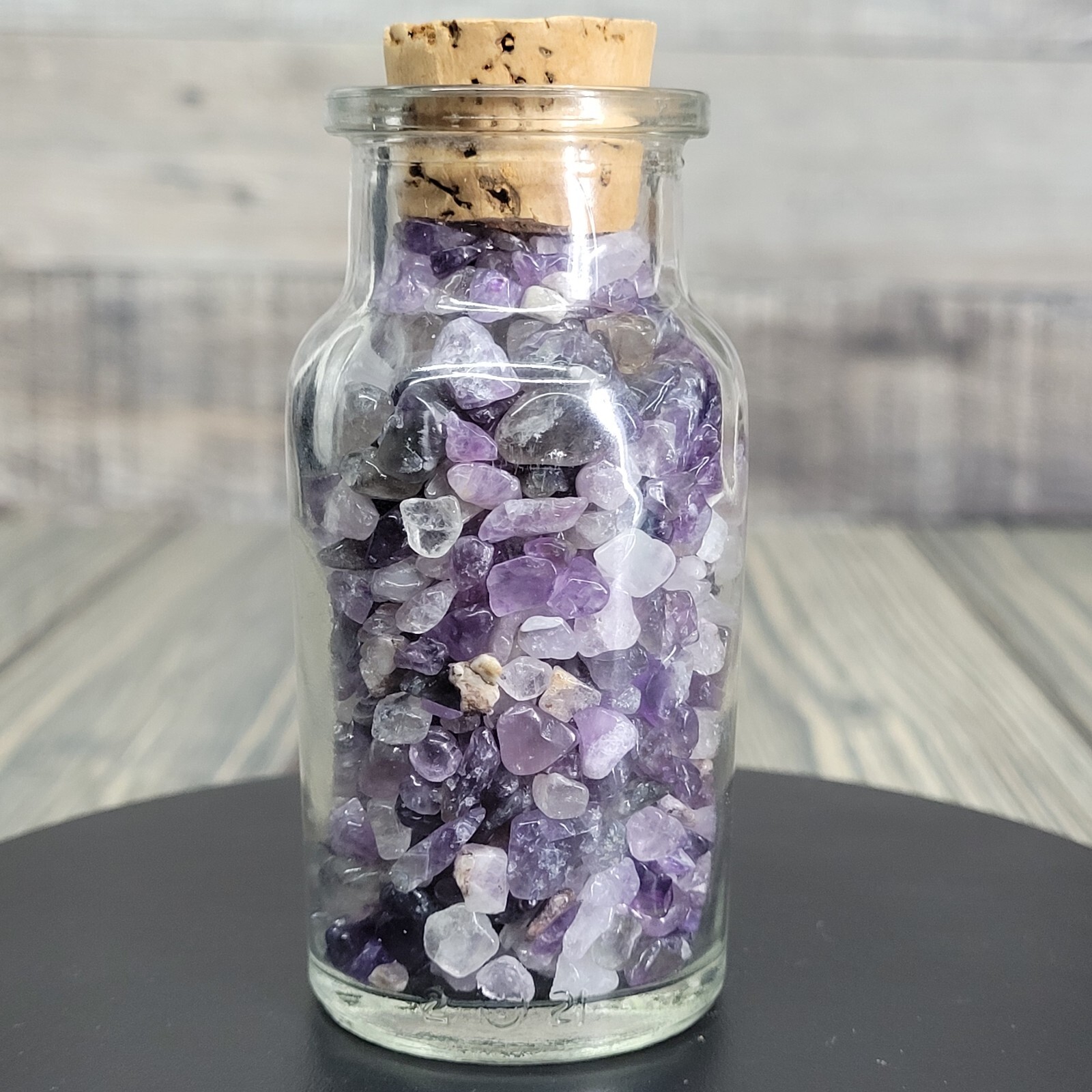 4oz Amethyst Tumbled Crystal Chips in Vintage Apothecary Glass Jar Wagner w/Cork