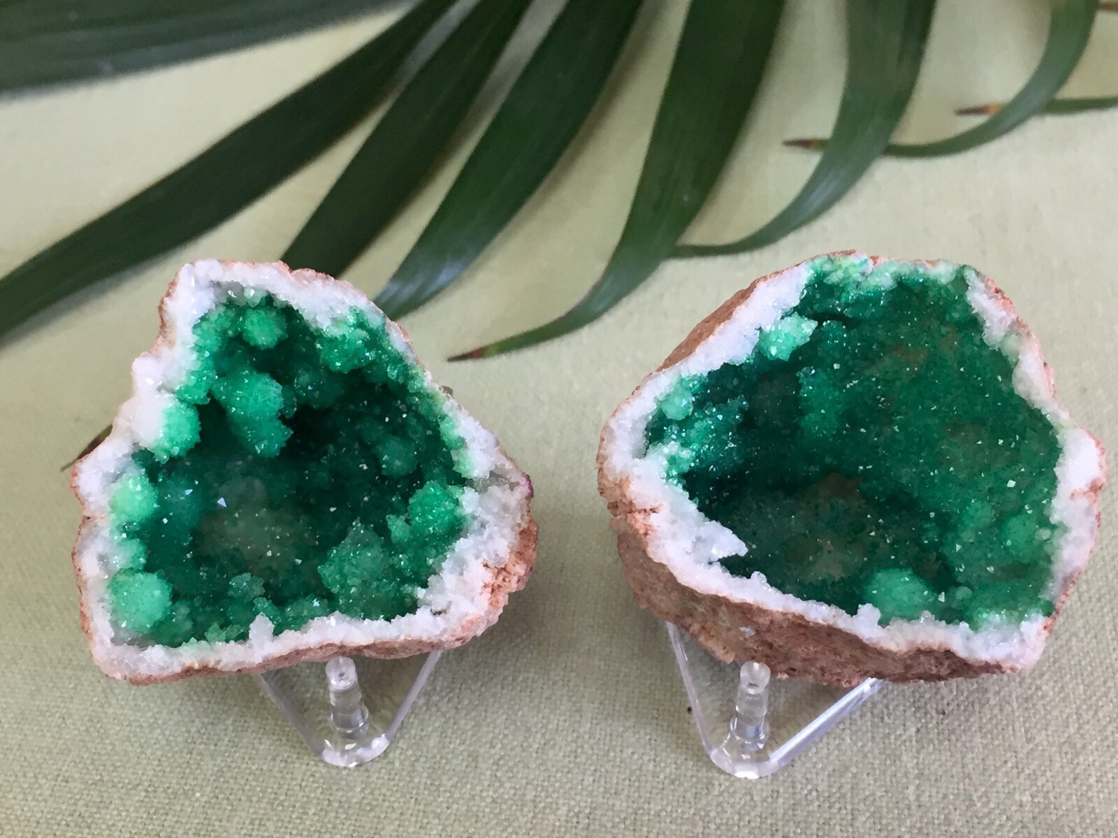 Green Geode Pair Geode Crystal Quartz Druze Specimen Morocco Geode Half
