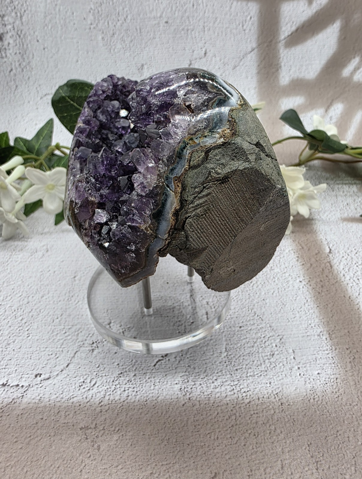 Uruguay Amethyst Druzy Geode Crystal Specimen w/ Acrylic Display Stand 1 Lb 6.6