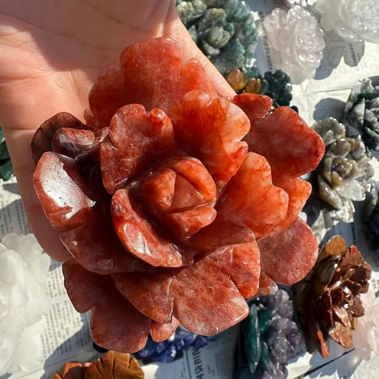 1PC Natural Red gum flower Quartz Carved Flower Skull Crystal Reiki Decor Gift