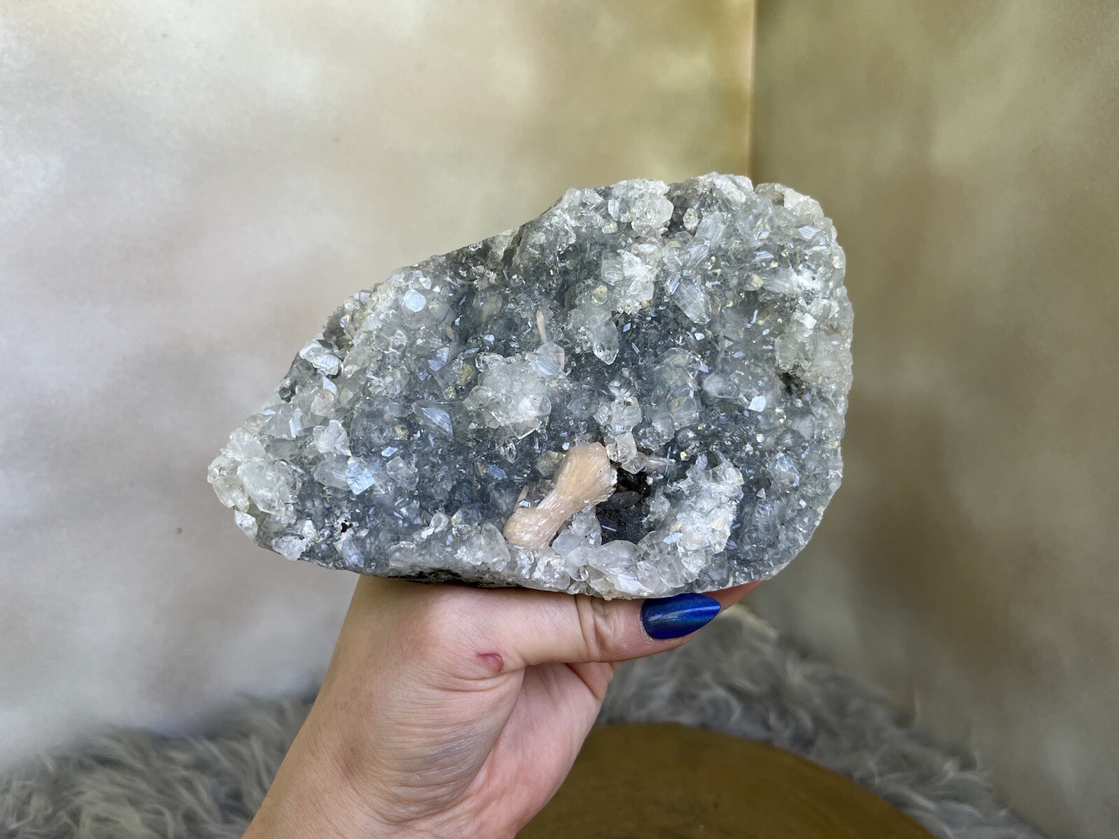 Peach Stilbite on Diamond Apophyllite And Blue/Grey Chalcedony