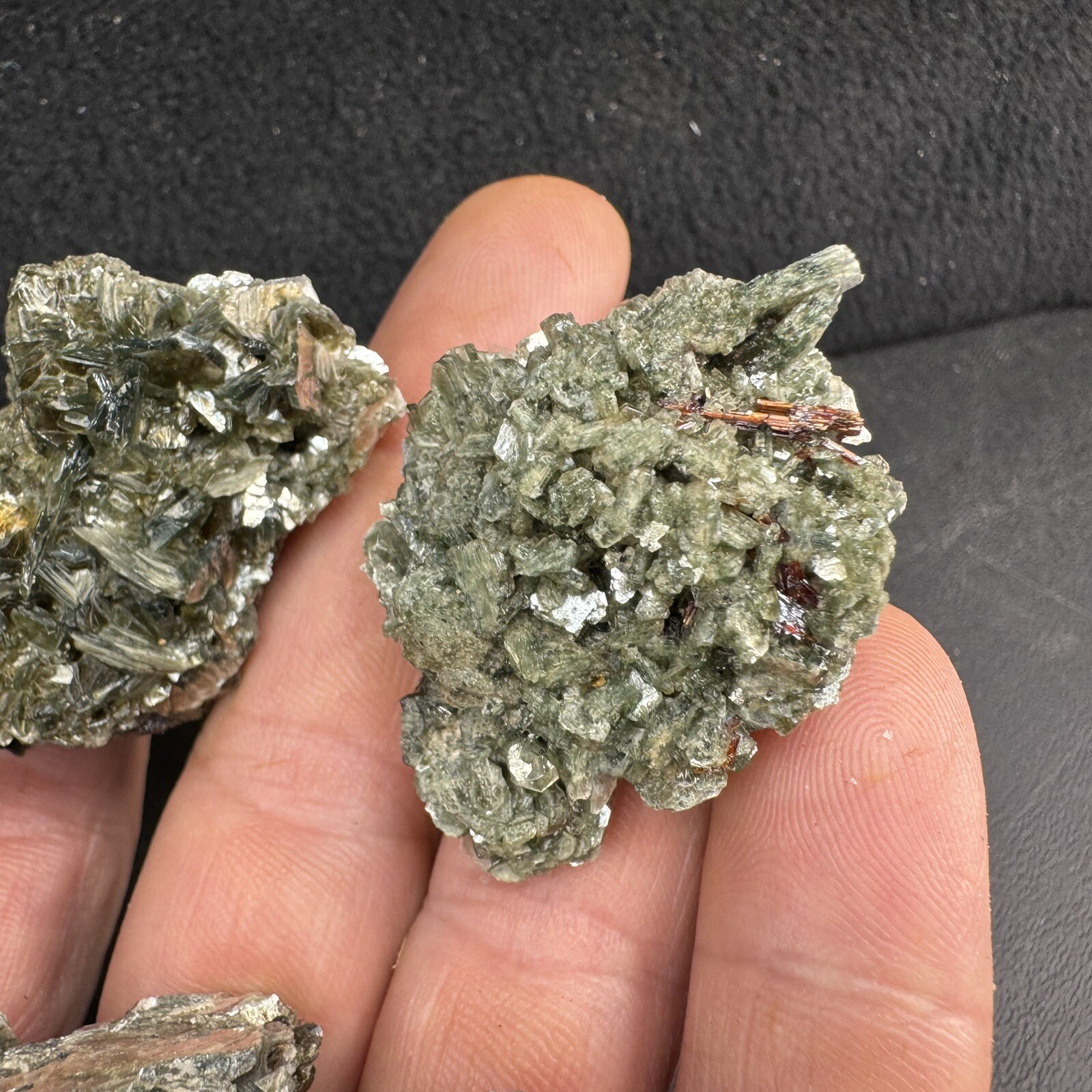 Lot of 4 Green Crystalized Mica Crystal Clusters with Rare Red Rutile Crystals