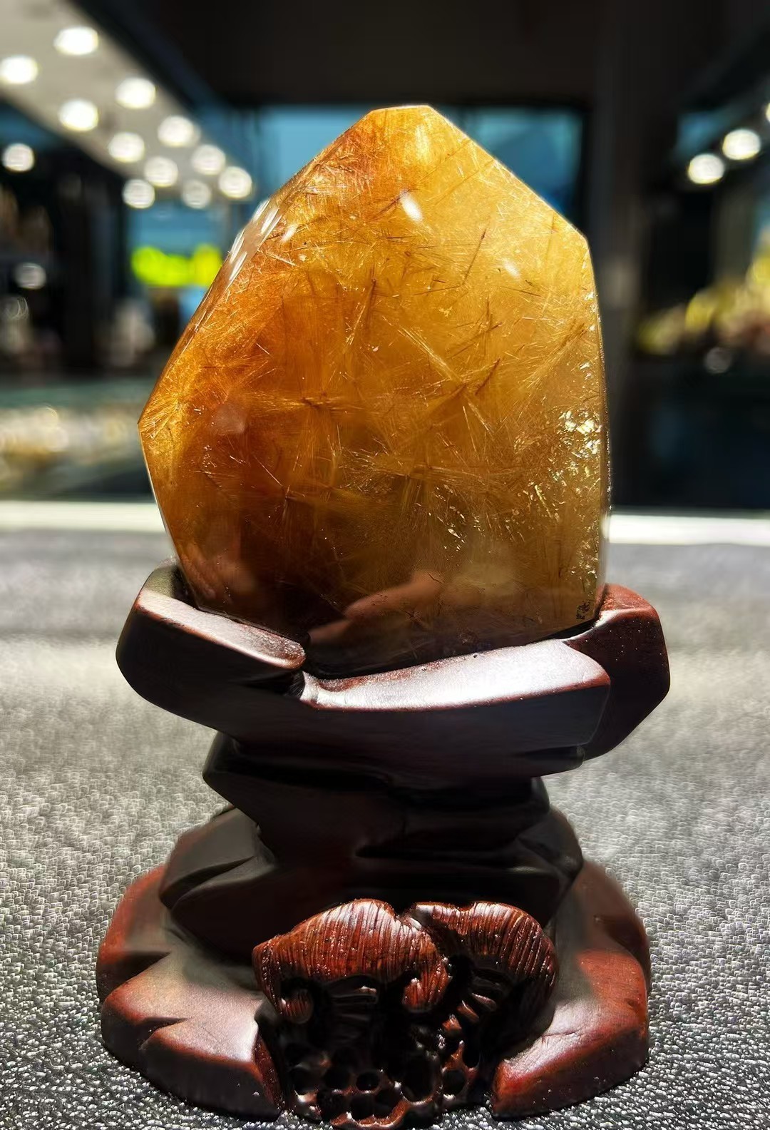 324g TOP Natural Rutilated crystal quartz mineral specimen reiki Decor+stand