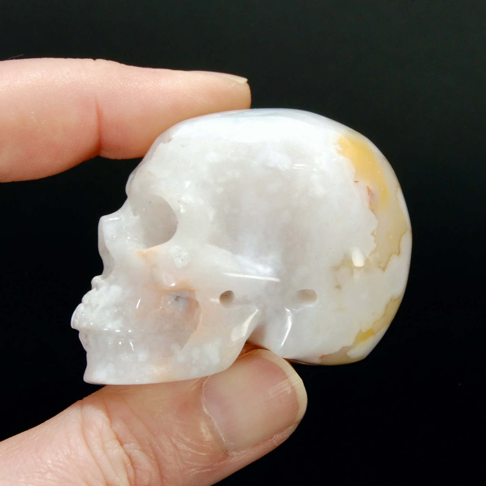 2in Sakura Flower Agate Carved Crystal Skull, Realistic Peach White Flower Agate