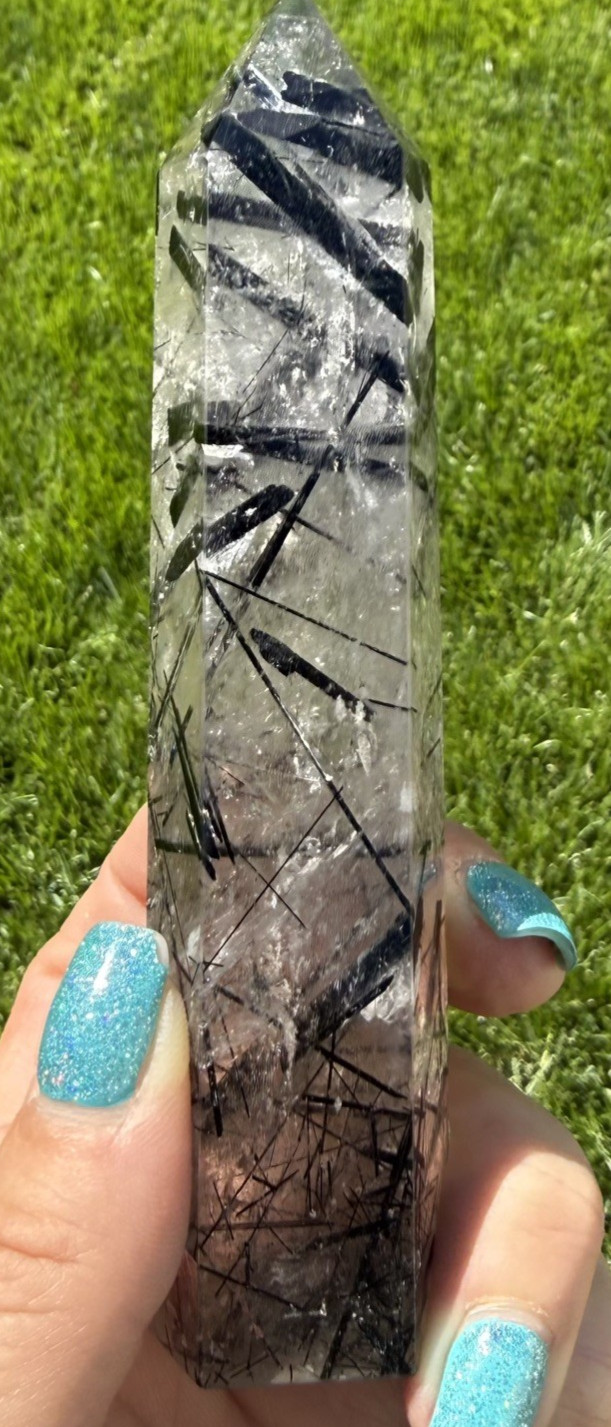 Natural Black Tourmaline in Quartz Tower Polished Crystal Point Collector, 6 “