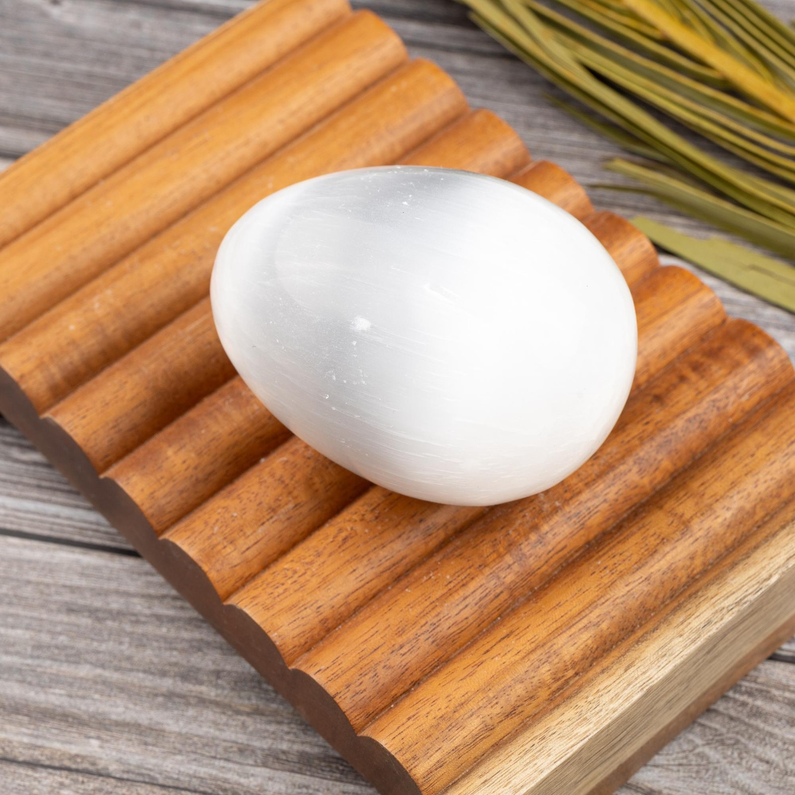 Selenite Egg with Wooden Tripod Stand Polished White Crystal Charging Stone Gift