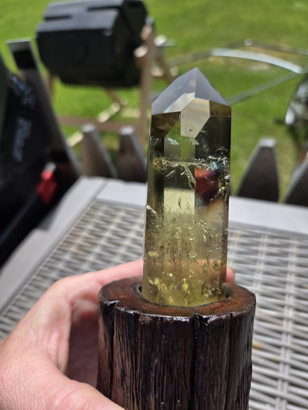 Large Natural Citrine Tower Point with Golden Inclusions on Wood Stand
