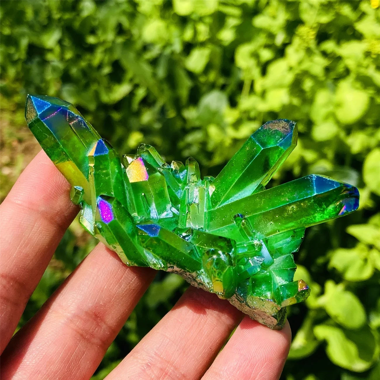 80-100g Titanium Aura Green Healing Crystal Quartz Cluster Geode Home Decor
