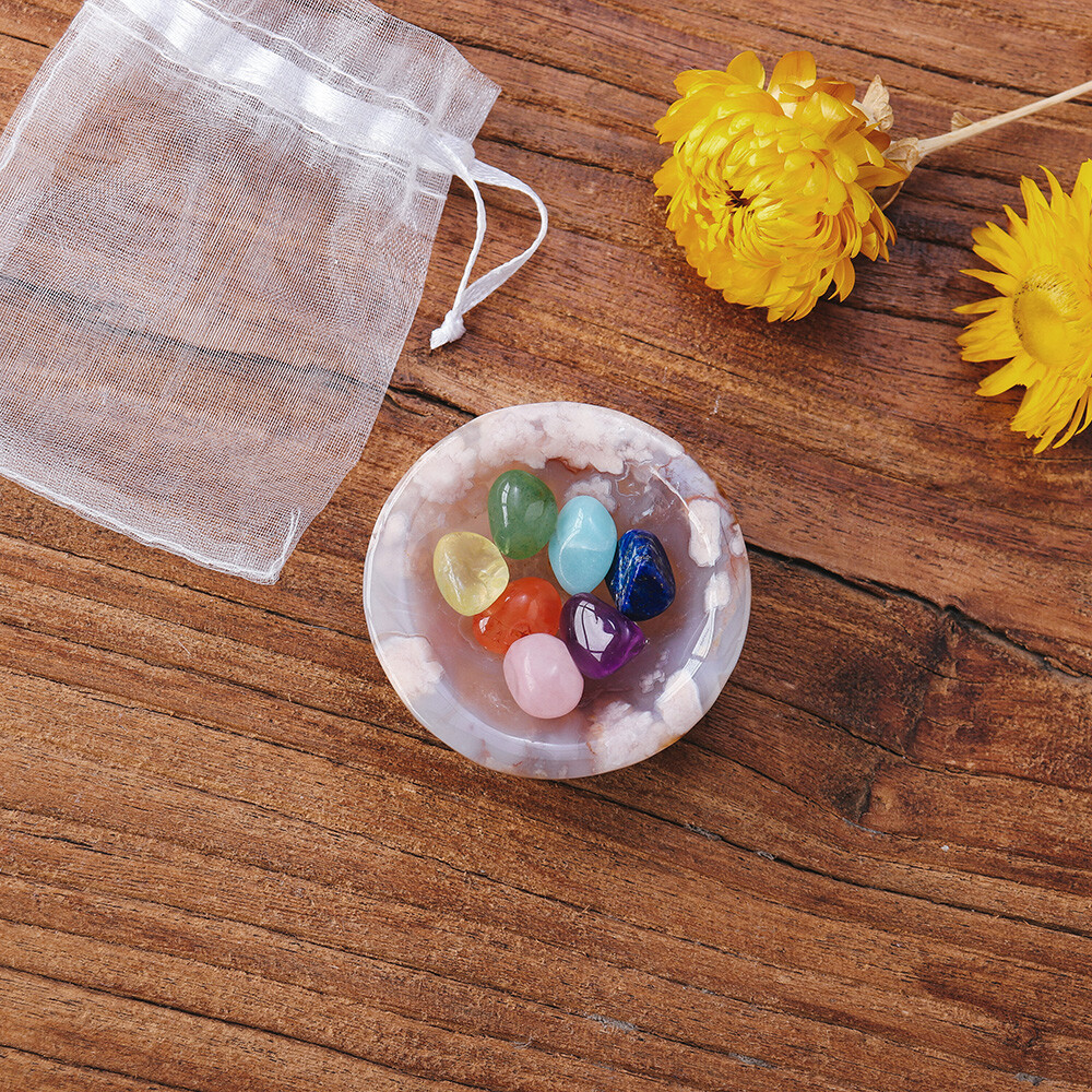 Mini Tumbled Chakra Stone Sakura Agate Bowl Cherry Blosson Stone With Wood Box