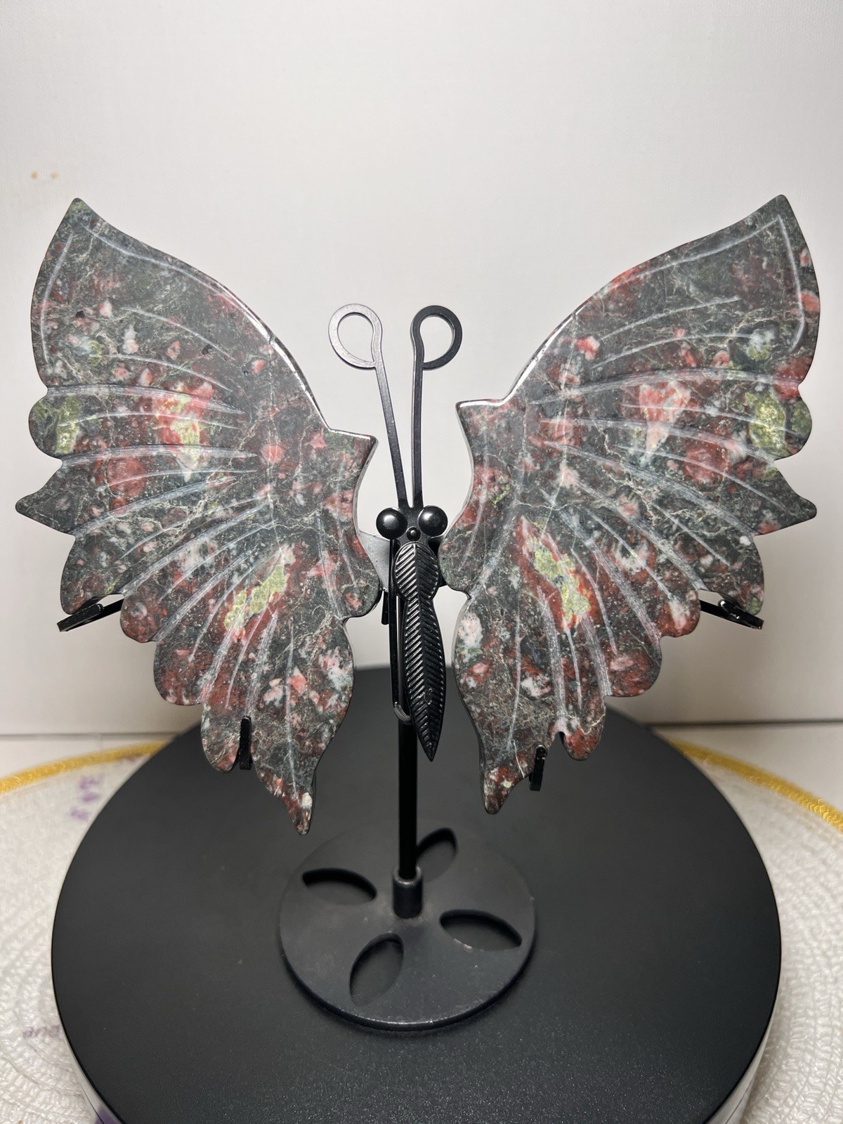 Plum Blossom Jasper (black amygdaloidal andesite) Wings W/Holder