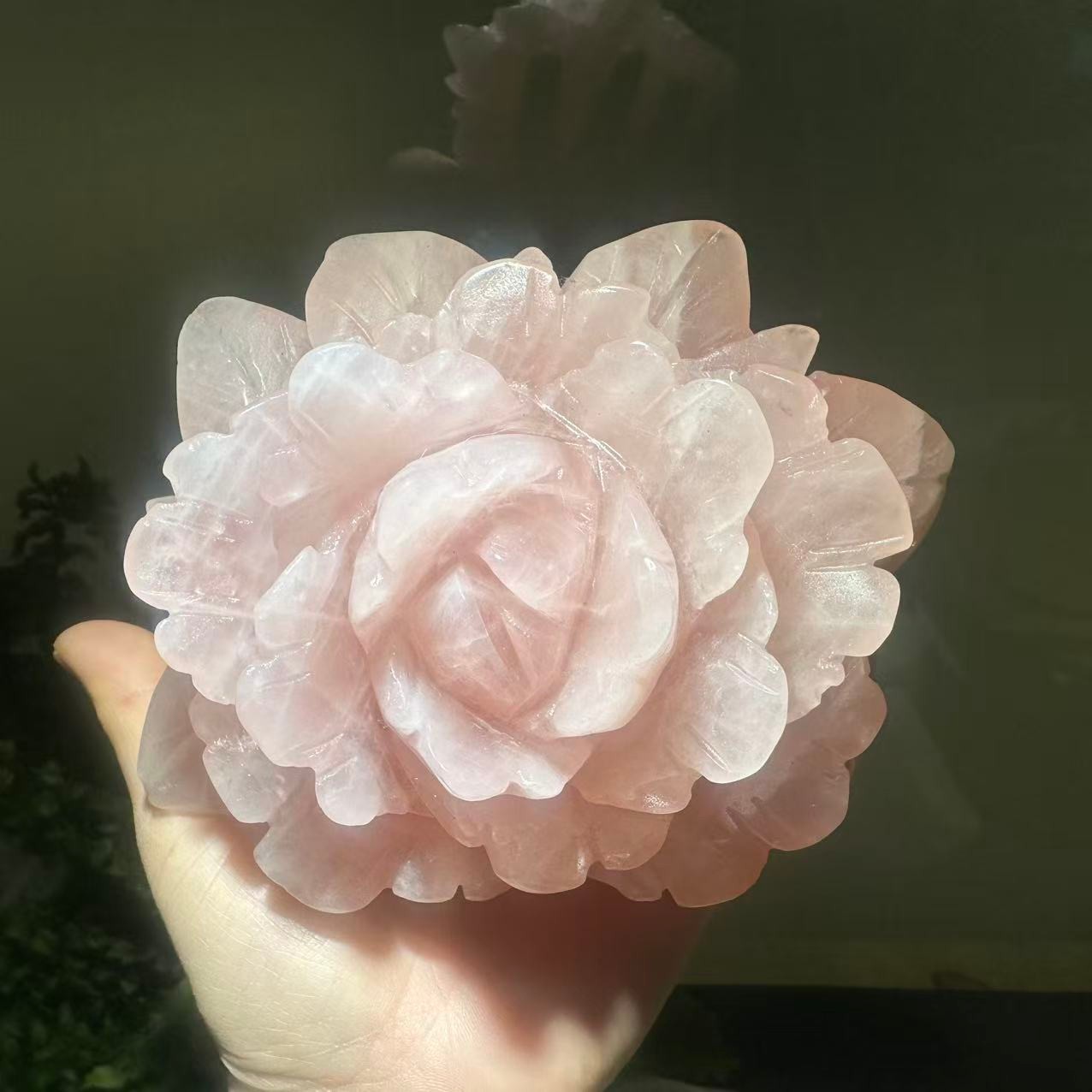 1pc Natural Pink Rose Quartz Carved Crystal Flower Skull Reiki Healing Decor