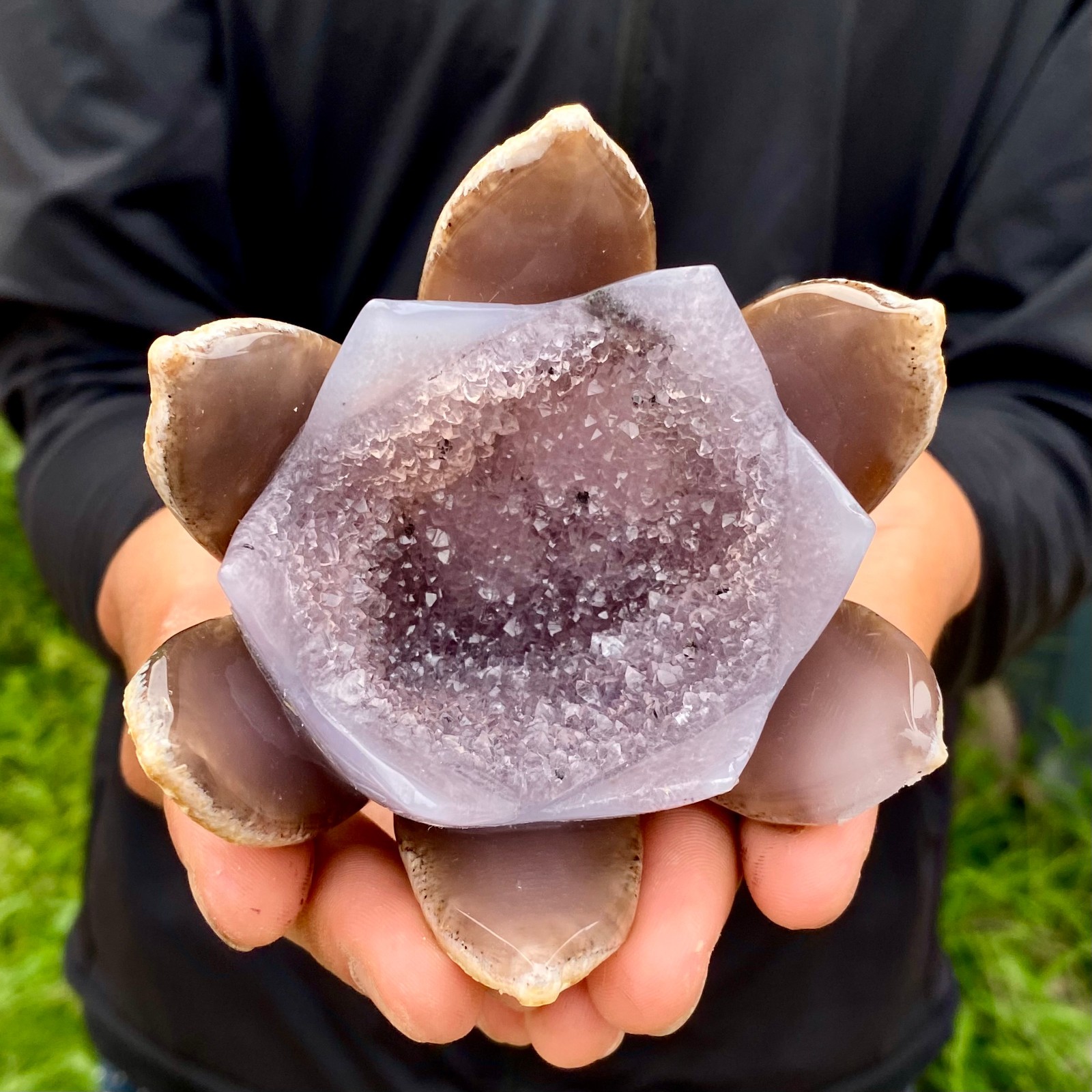 300G Natural Agate Geode Carved Lotus Flower, Hand Carved Healing Crystal Home