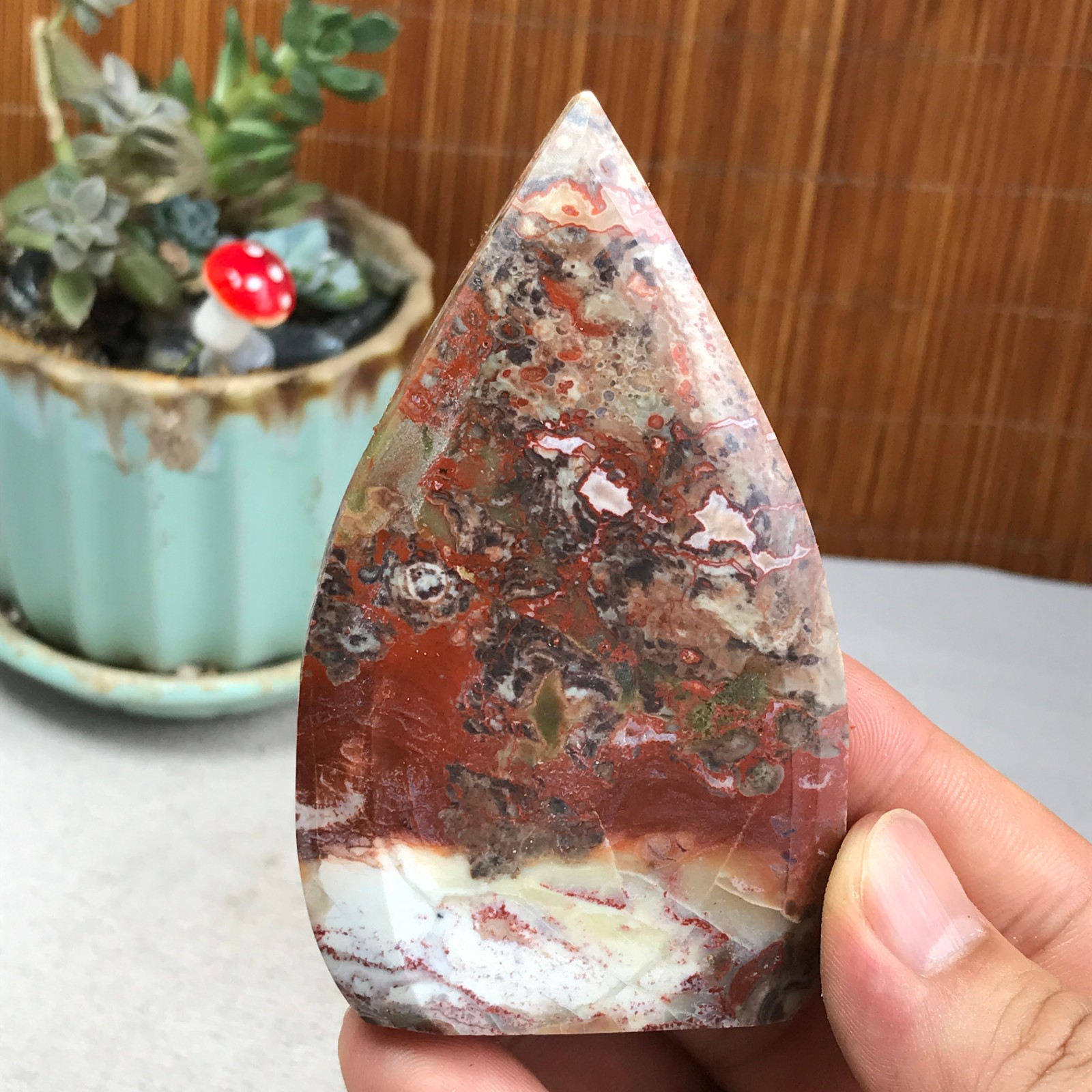 Natural money Mexico agate hand carve leaf Crystal Specimen free standing A6267
