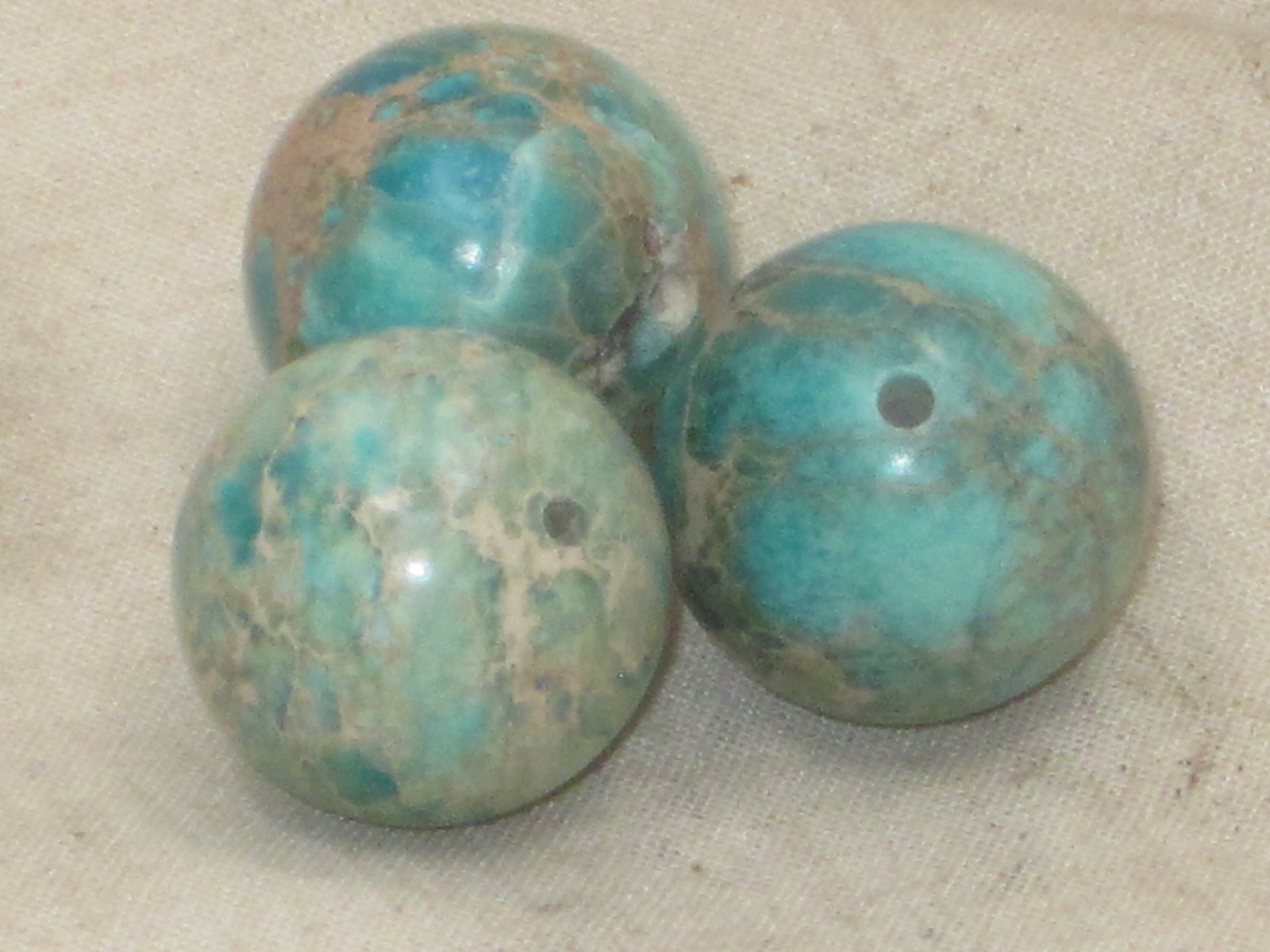 3 small polished turquoise ? spheres sphere orb marble balls ball w/ center hole