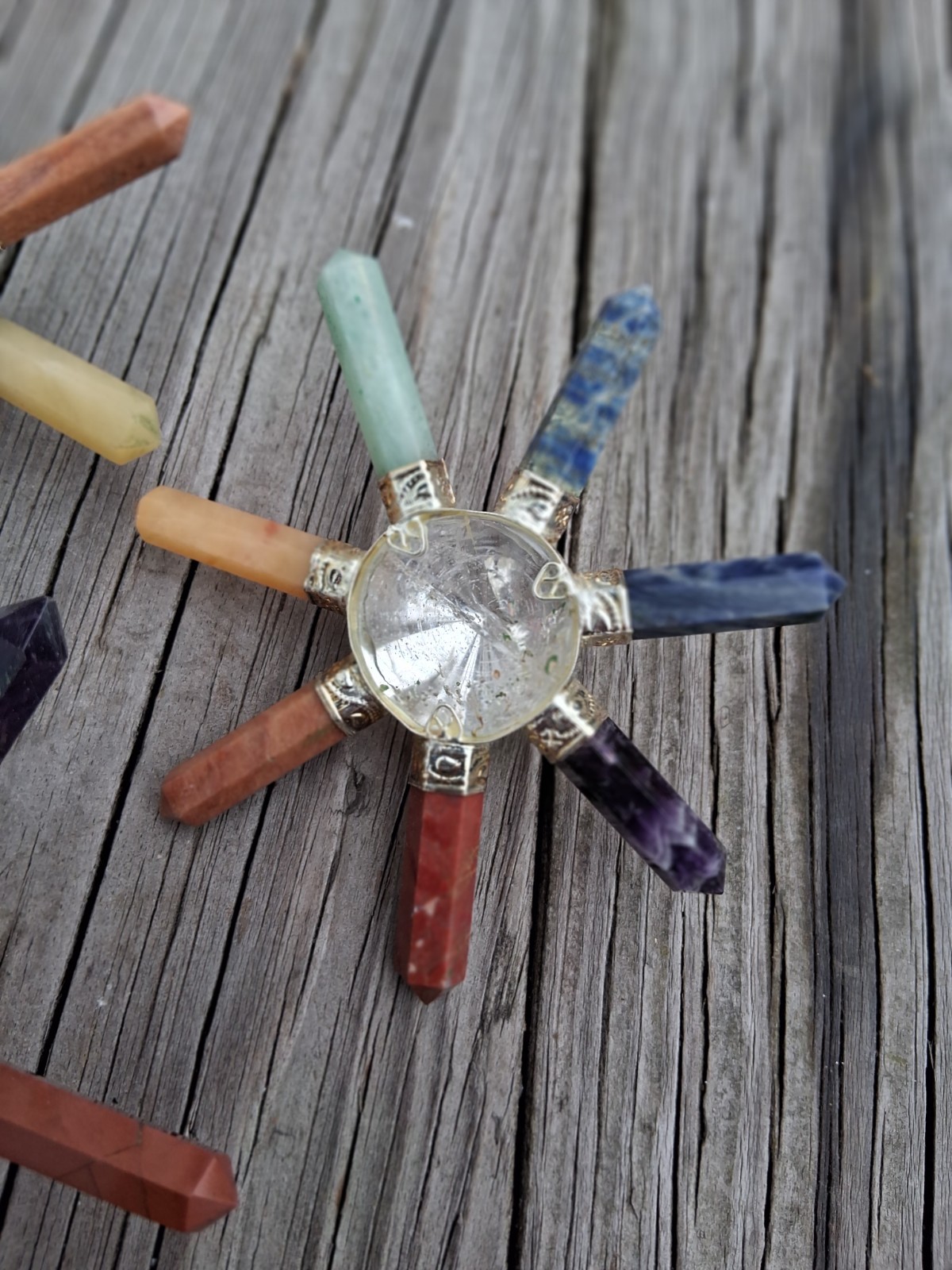 7 Chakra Stones w. Energy Focusing Center Crystal Cone Silver Band Set Of 3