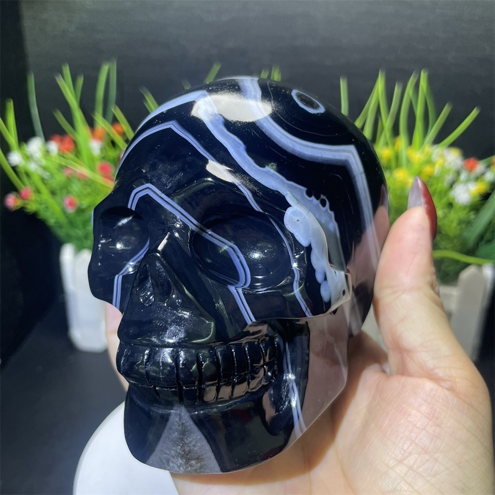 2.3LB 4.5″ Natural A++ Black Sardonyx Agate Skull Crystal Quartz Decor Gift