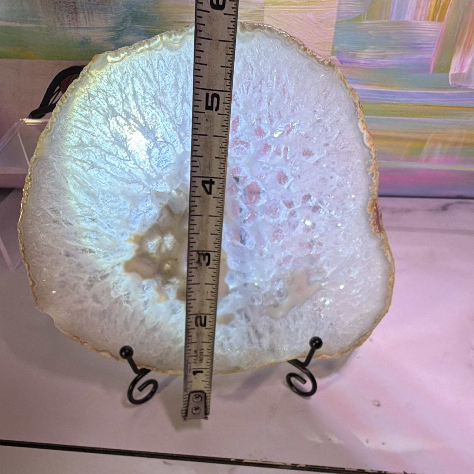 White Agate Geode Slice Crystal Mineral Display Specimen on Metal Stand ~6 in