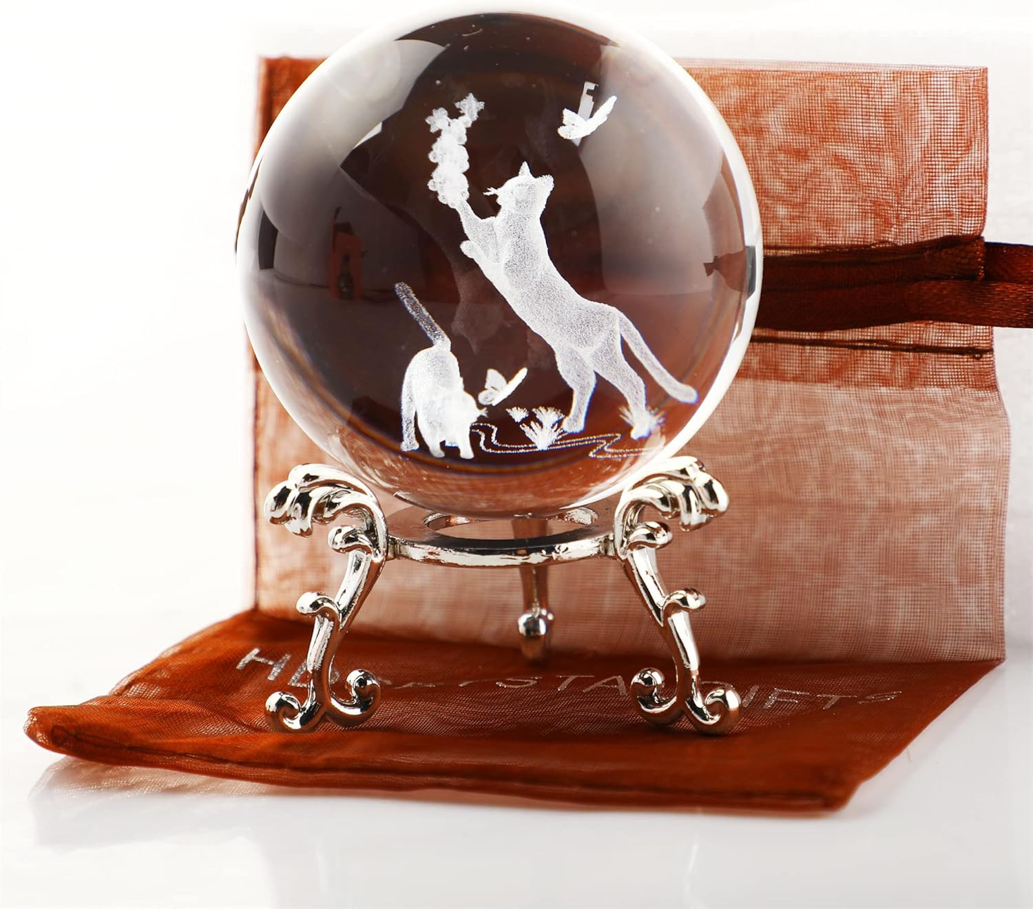 Cat Crystal Ball with Stand 60Mm 3D Engraved Decorative Glass Sphere Paperweight