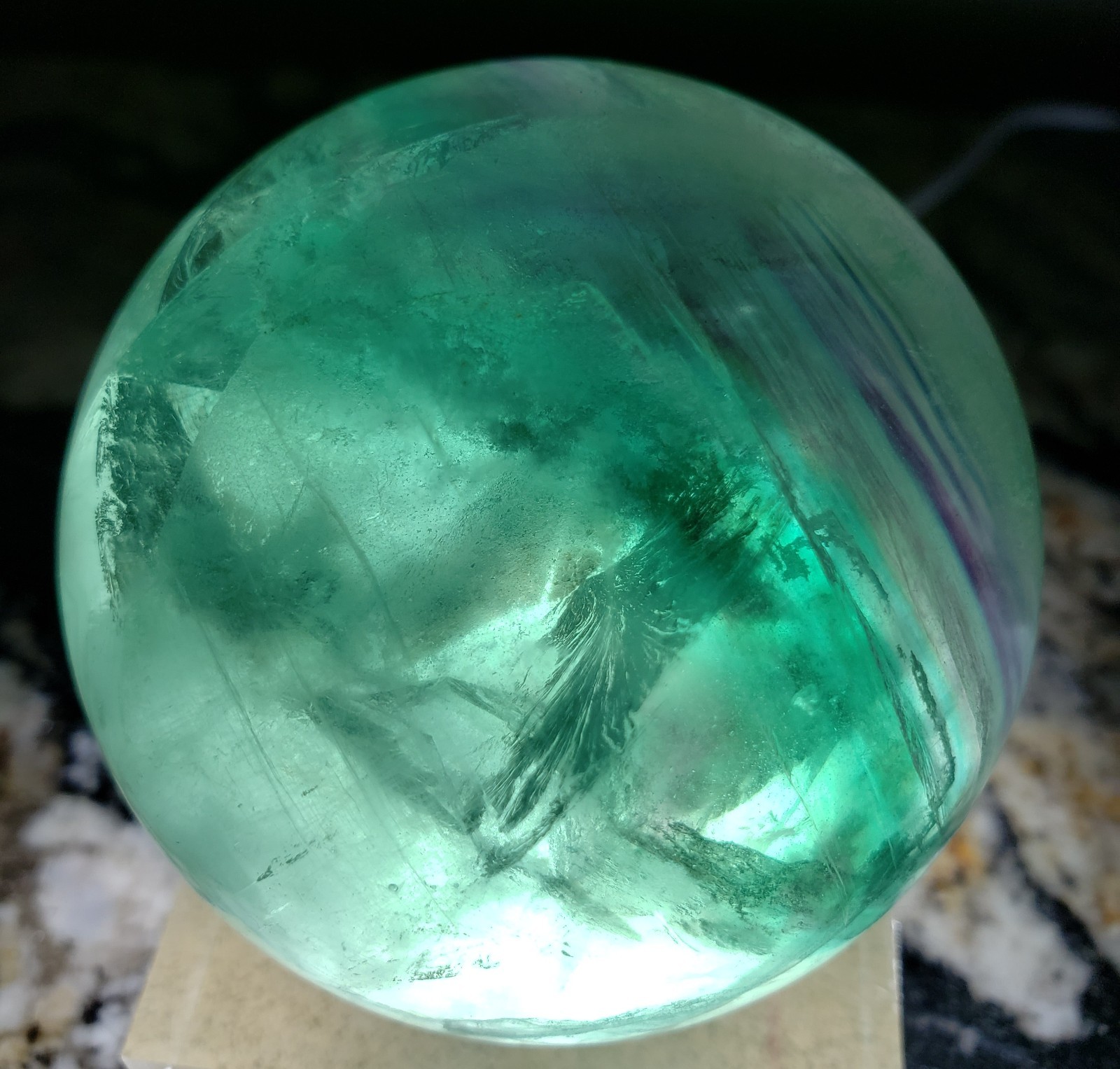 2.6″ Green and Purple Fluorite Quartz Crystal Sphere Ball Orb Rainbow UV, 488g