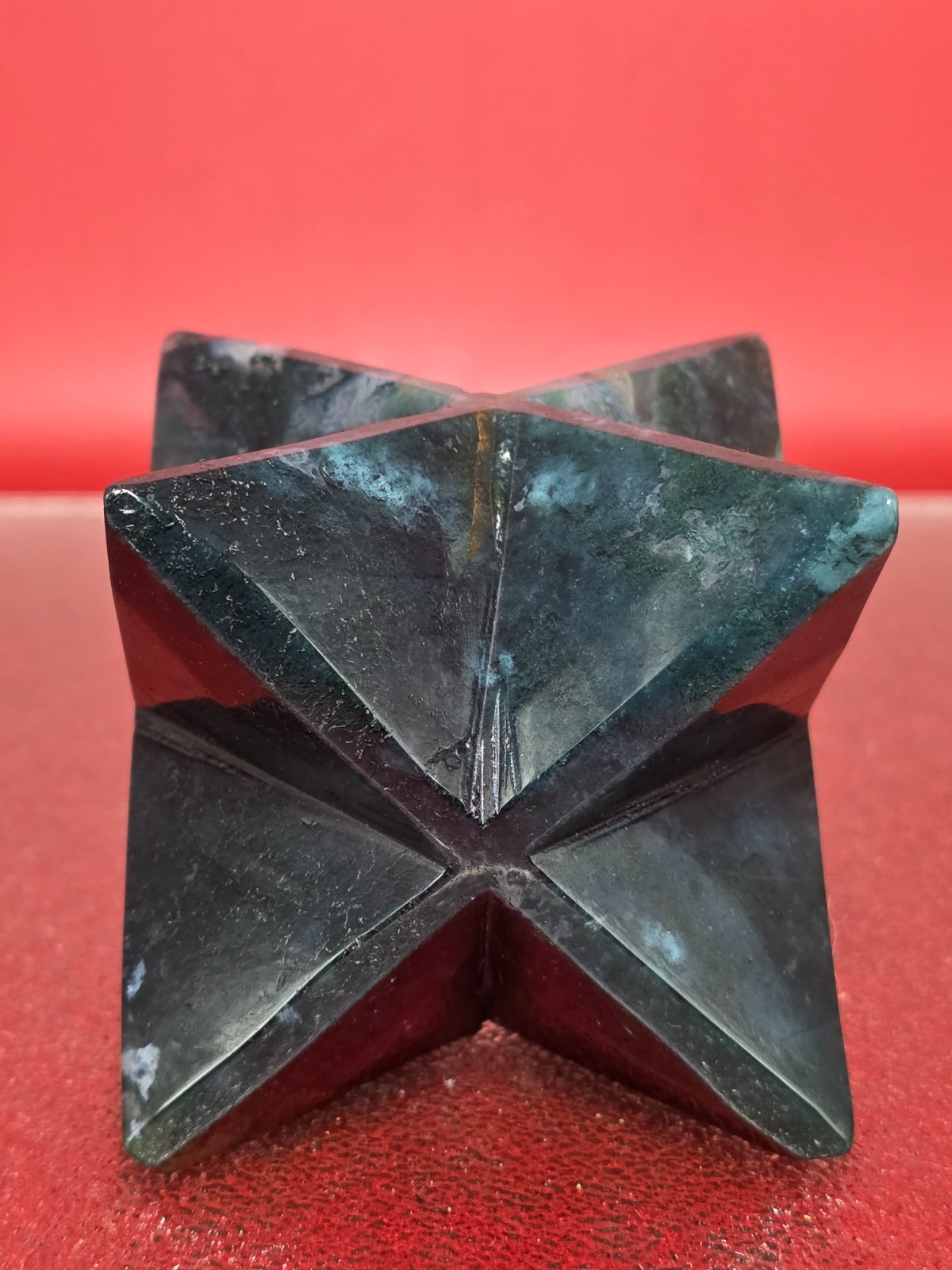 423g Moss Agate 8 Point Merkaba Star Carving Crystal Sacred Geometry Healing