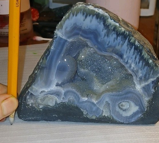 Polished Blue Agate Geode Crystal Display Specimen with Blue and Gray Banding
