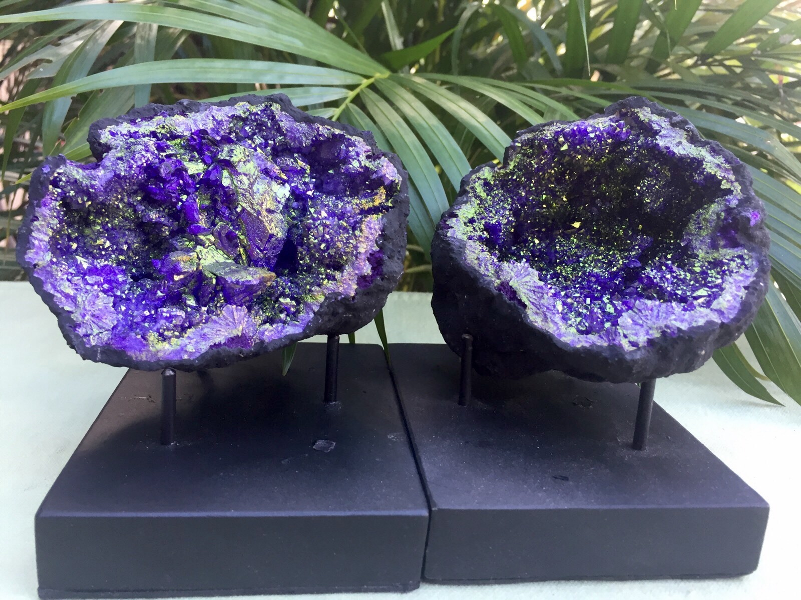 Large Purple Geode Pair W/Stands Crystal Geode Quartz Moroccan Geode Half Open.